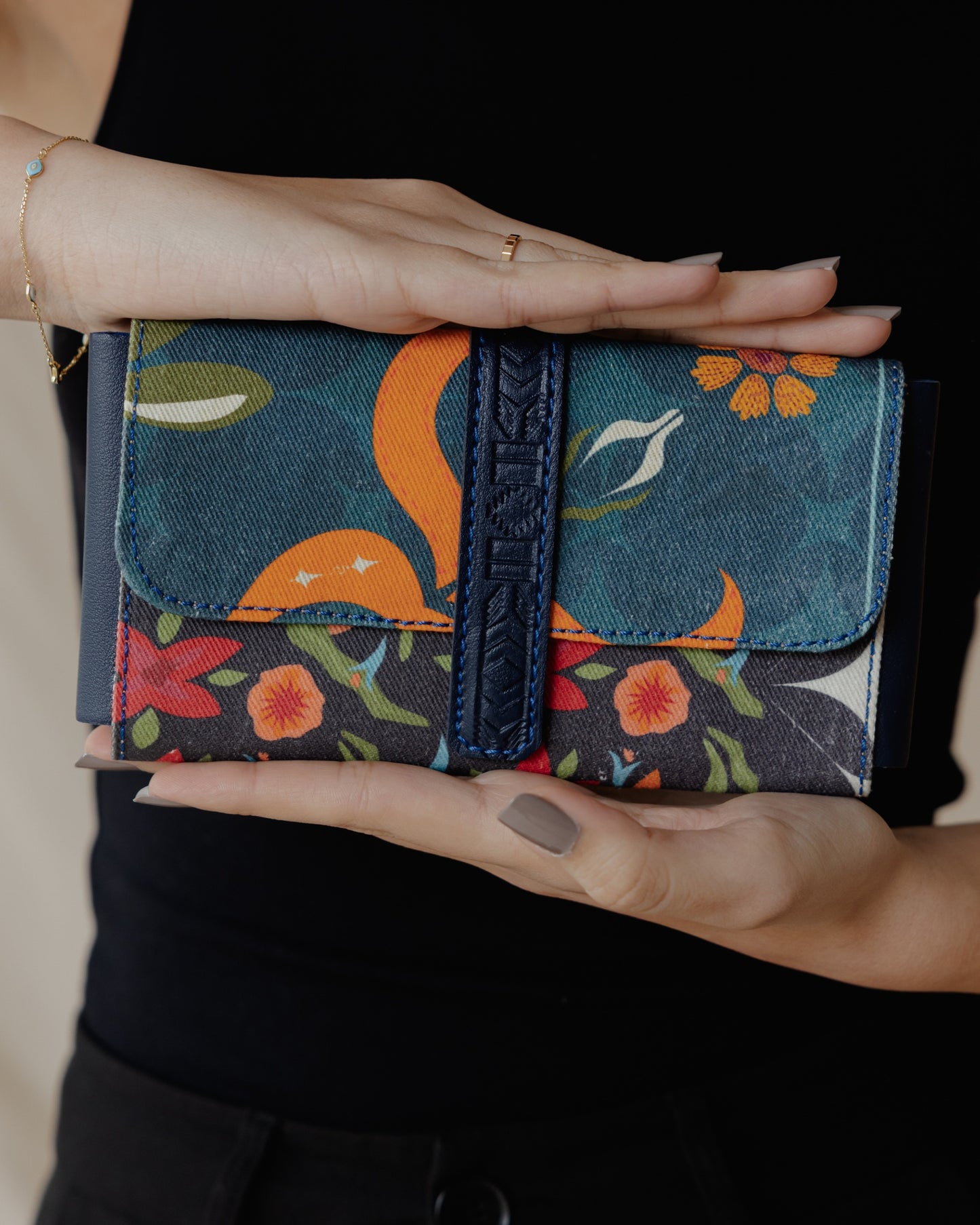 Red Blossoms In Navy Purse