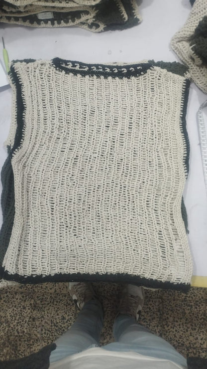 Contrast Crochet Top Off-White