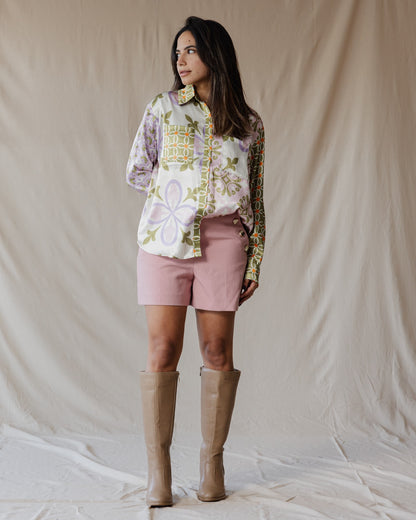 Floral Mosaic Patchwork Satin Shirt
