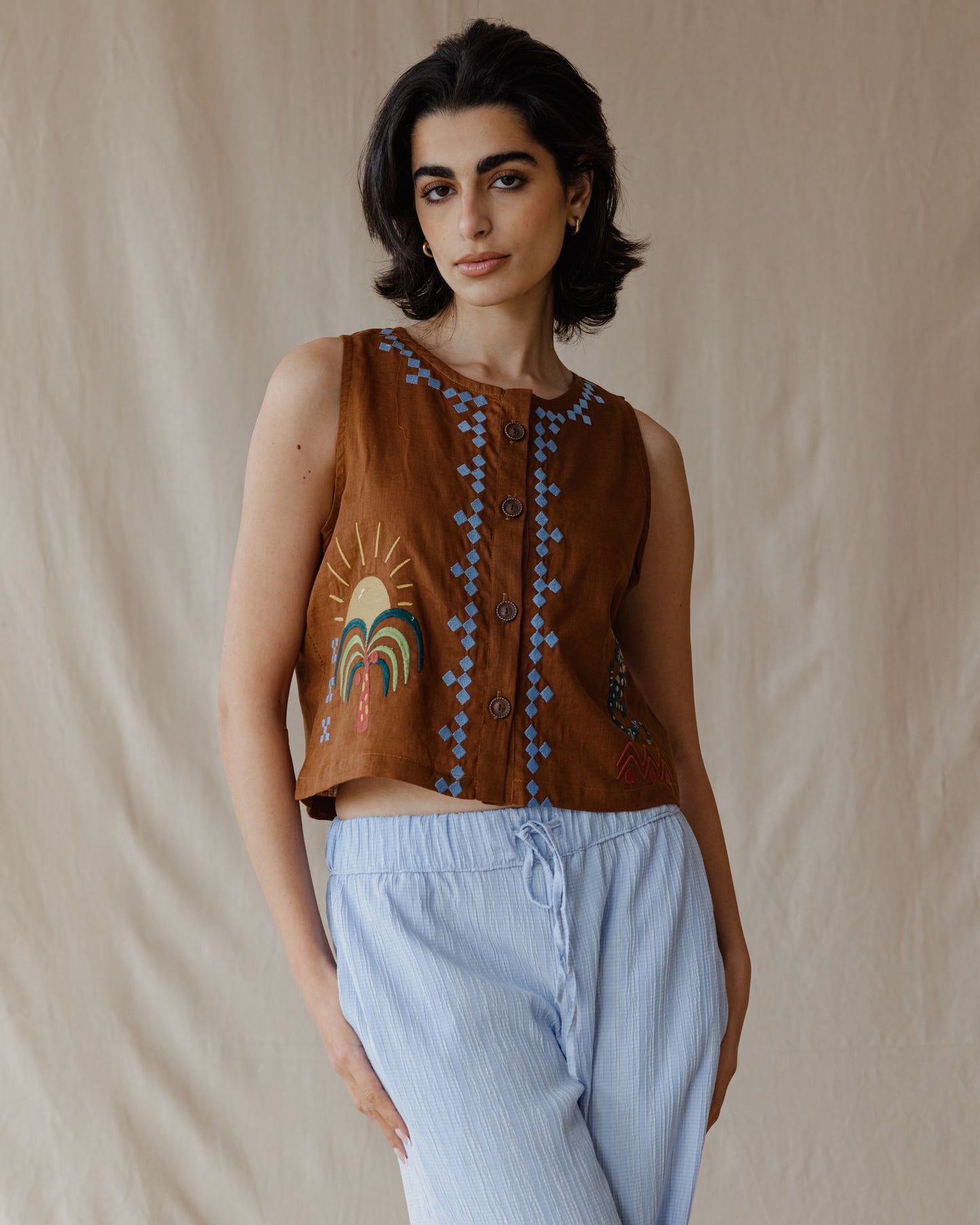 Gilet brodé Sunflare Gecko Camel