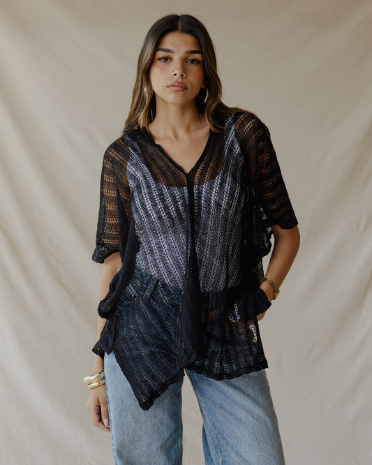 Summer Knit Poncho Black