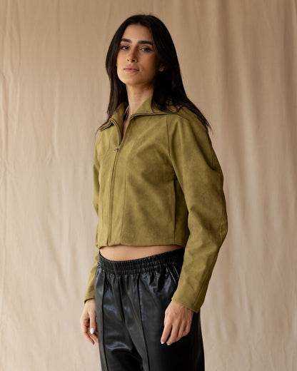 Olive Suede Zip-Up Jacket