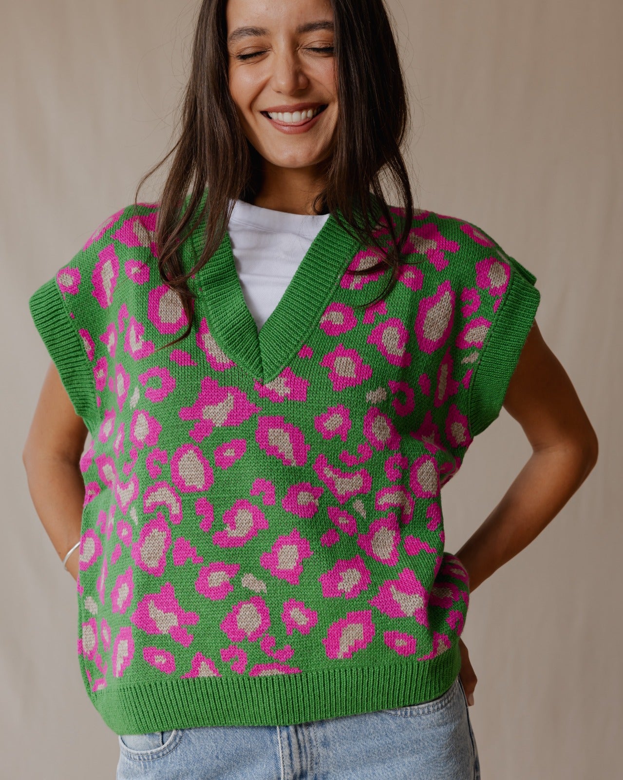 Gilet in maglia Cheetah verde X rosa