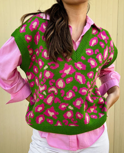 Gilet in maglia Cheetah verde X rosa