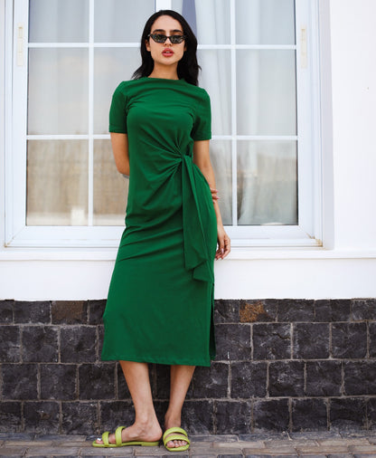Vestito in cotone con cravatta laterale verde