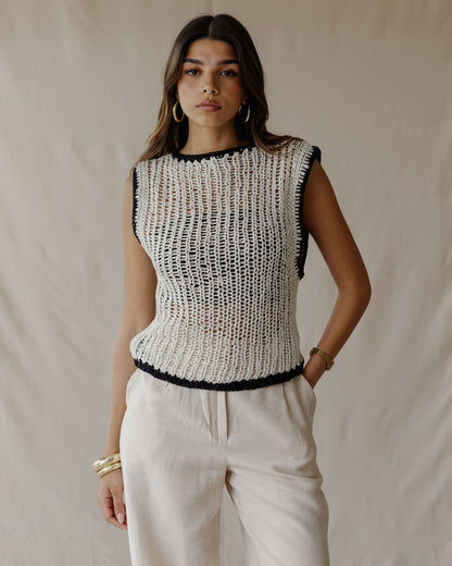 Contrast Crochet Top Off-White
