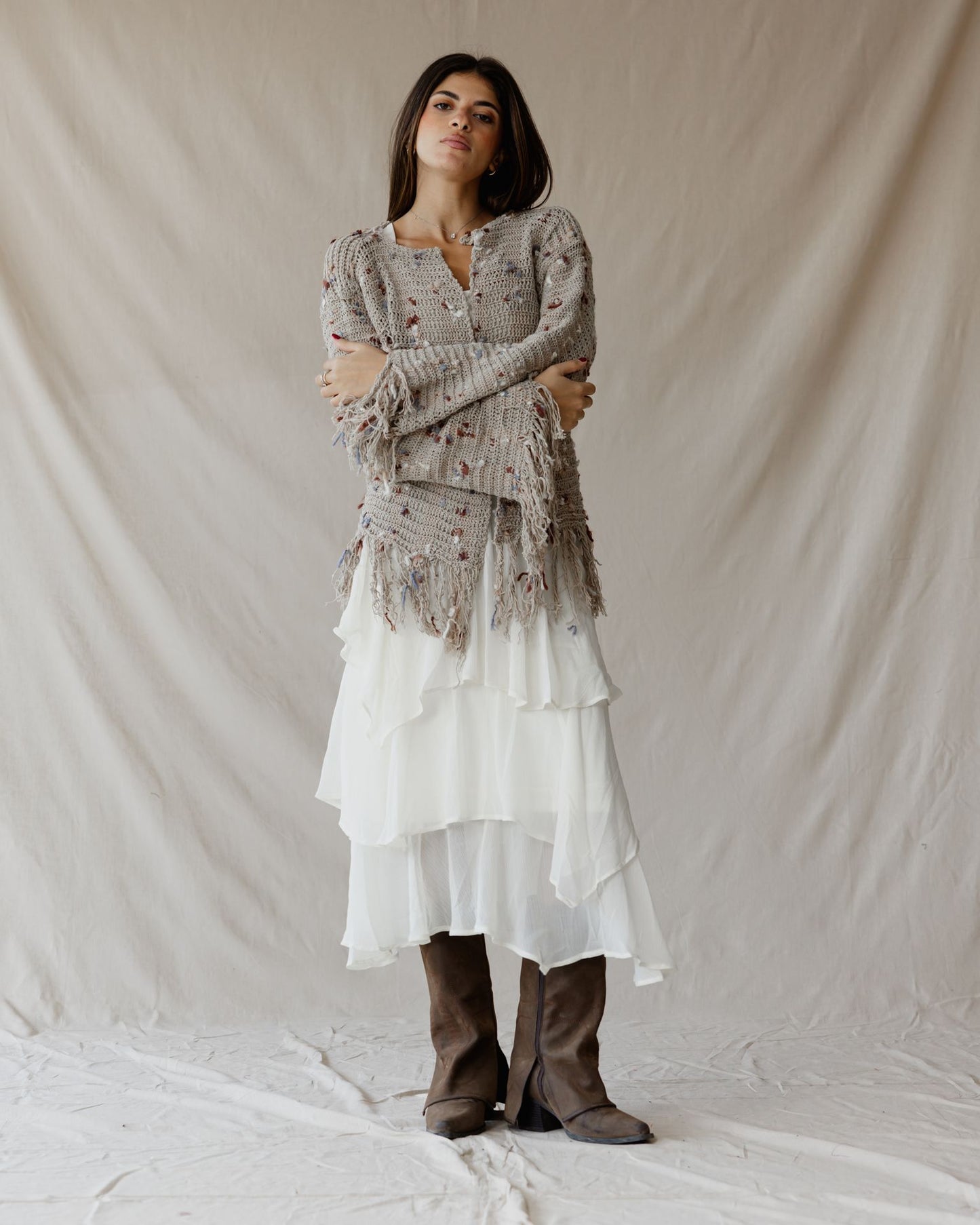 Beige Speckled Knit Cardigan