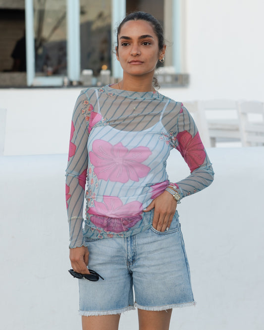 Tropical Mesh Top in Light Blue