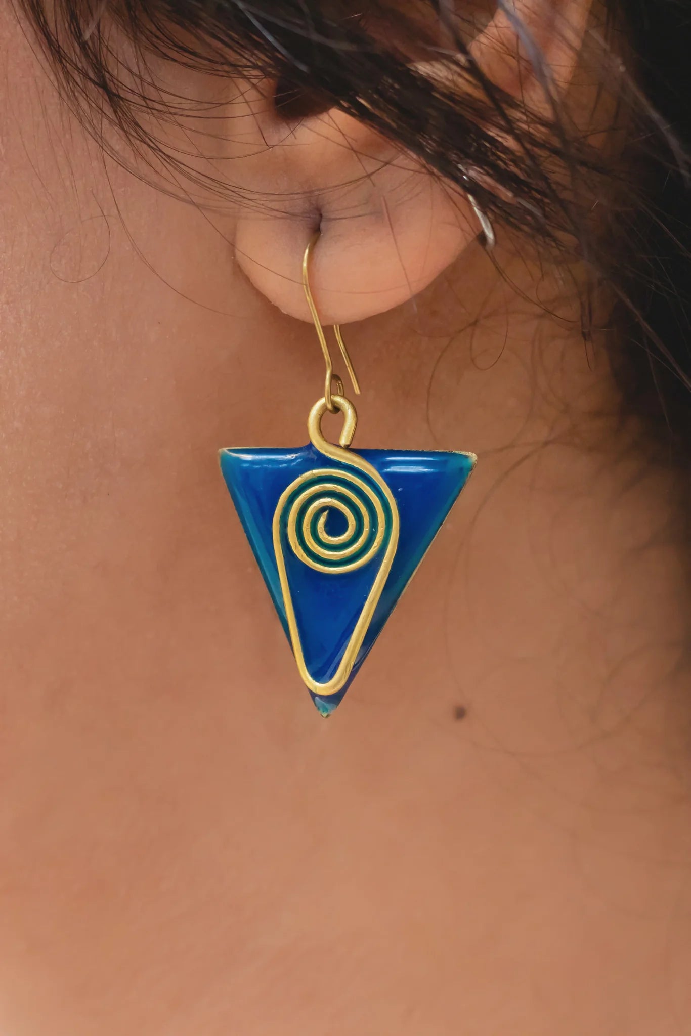 Enamel Brass Triangular Earrings Blue