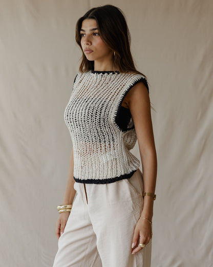 Contrast Crochet Top Off-White