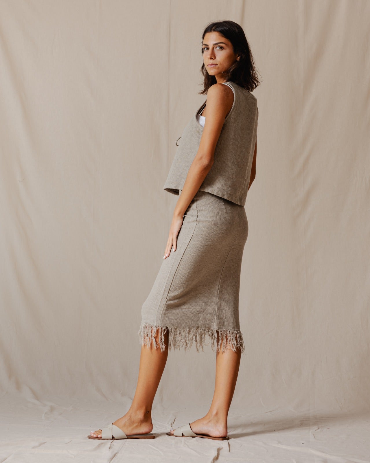 Jupe Boho à Franges Olive