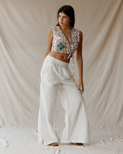Side-tie Linen White Pants