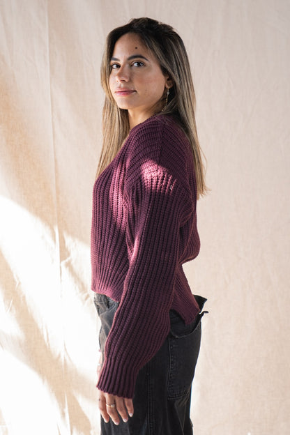 Maglione corto lavorato a maglia in bordeaux