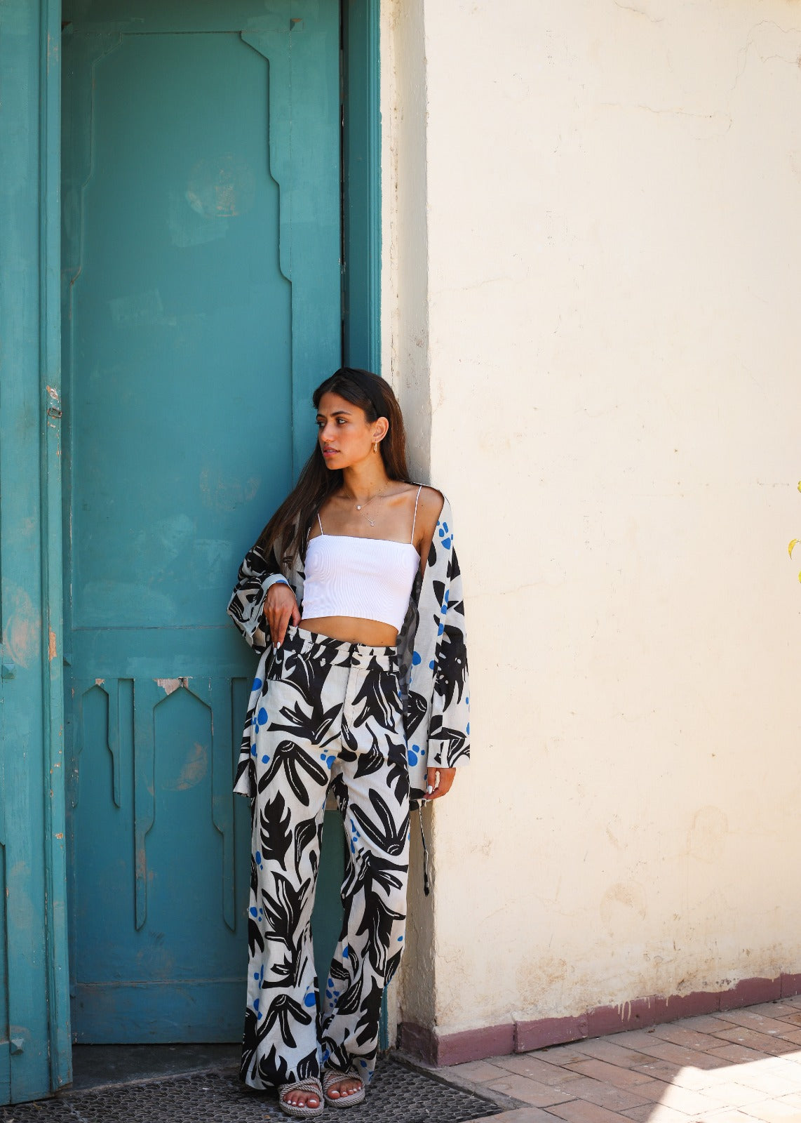Black And White Leaves Linen Pants