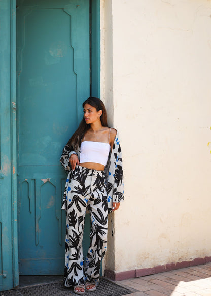 Not So Black And White Leaves Linen Kimono