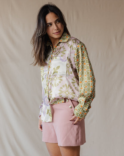 Floral Mosaic Patchwork Satin Shirt