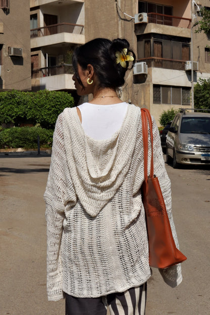 Sweat à Capuche Trico Fait Main Blanc Cassé