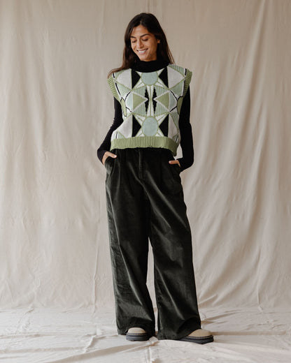 Pleated Cord Olive Pants