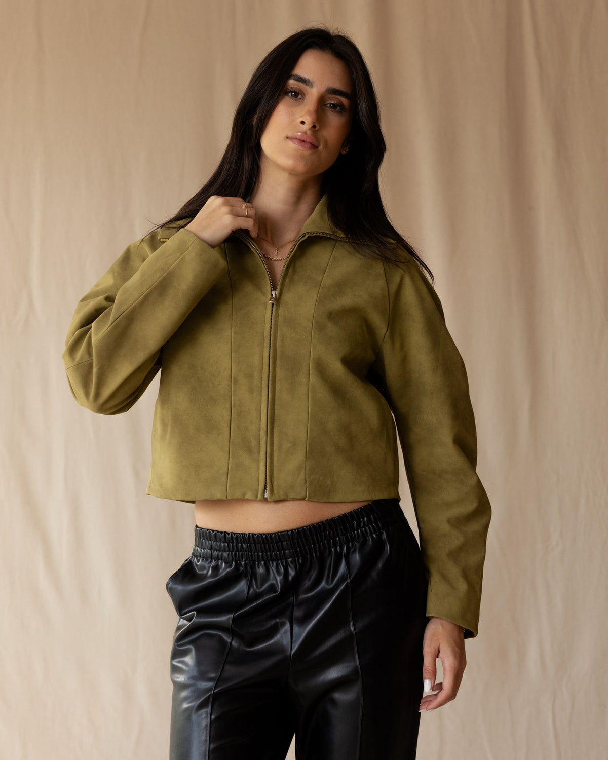 Olive Suede Zip-Up Jacket