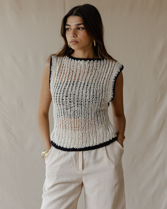 Contrast Crochet Top Off-White