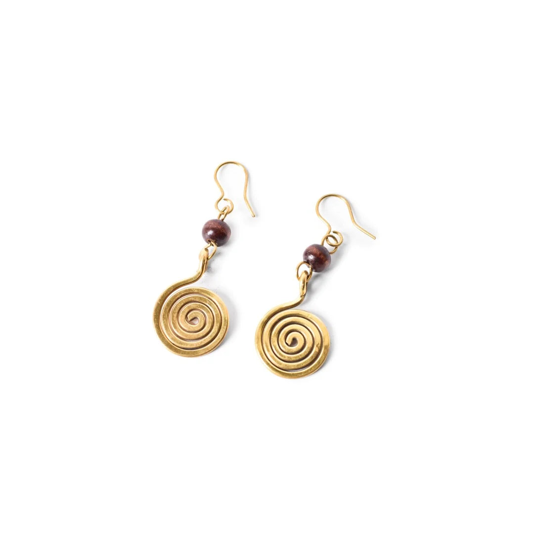 Spiral Brass with Wooden Bead Earrings