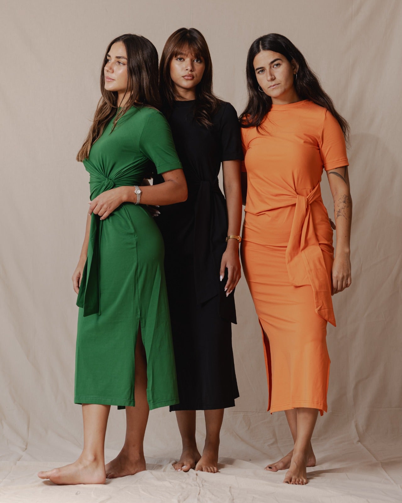 Vestito in cotone con cravatta laterale verde