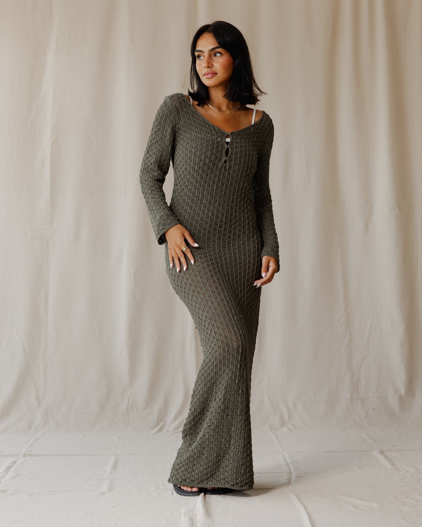 Robe en tricot velours olive