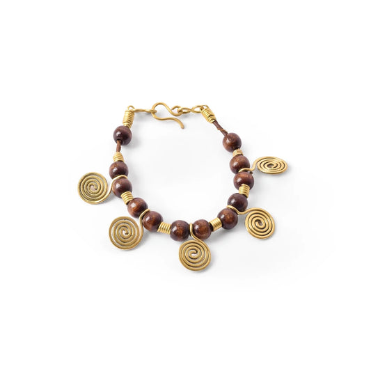 Brass & Wood Spiral Pendants Bracelet