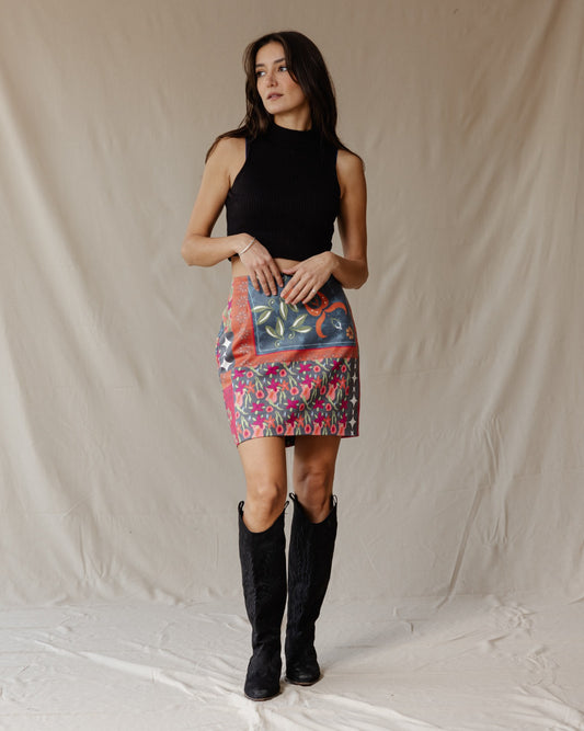 Red Blossoms Suede Skirt