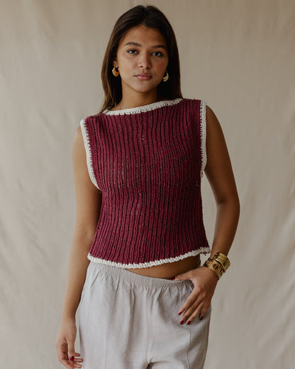 Haut en crochet contrasté bordeaux