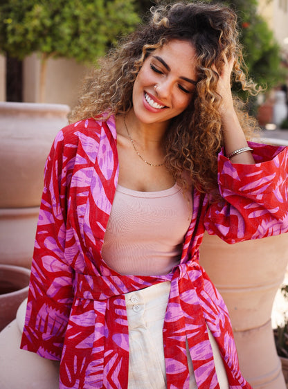 Palm Leaves Linen Kimono Burgundy X Purple
