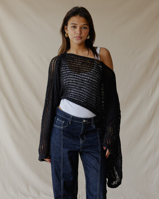 Overlay Crochet Top Black
