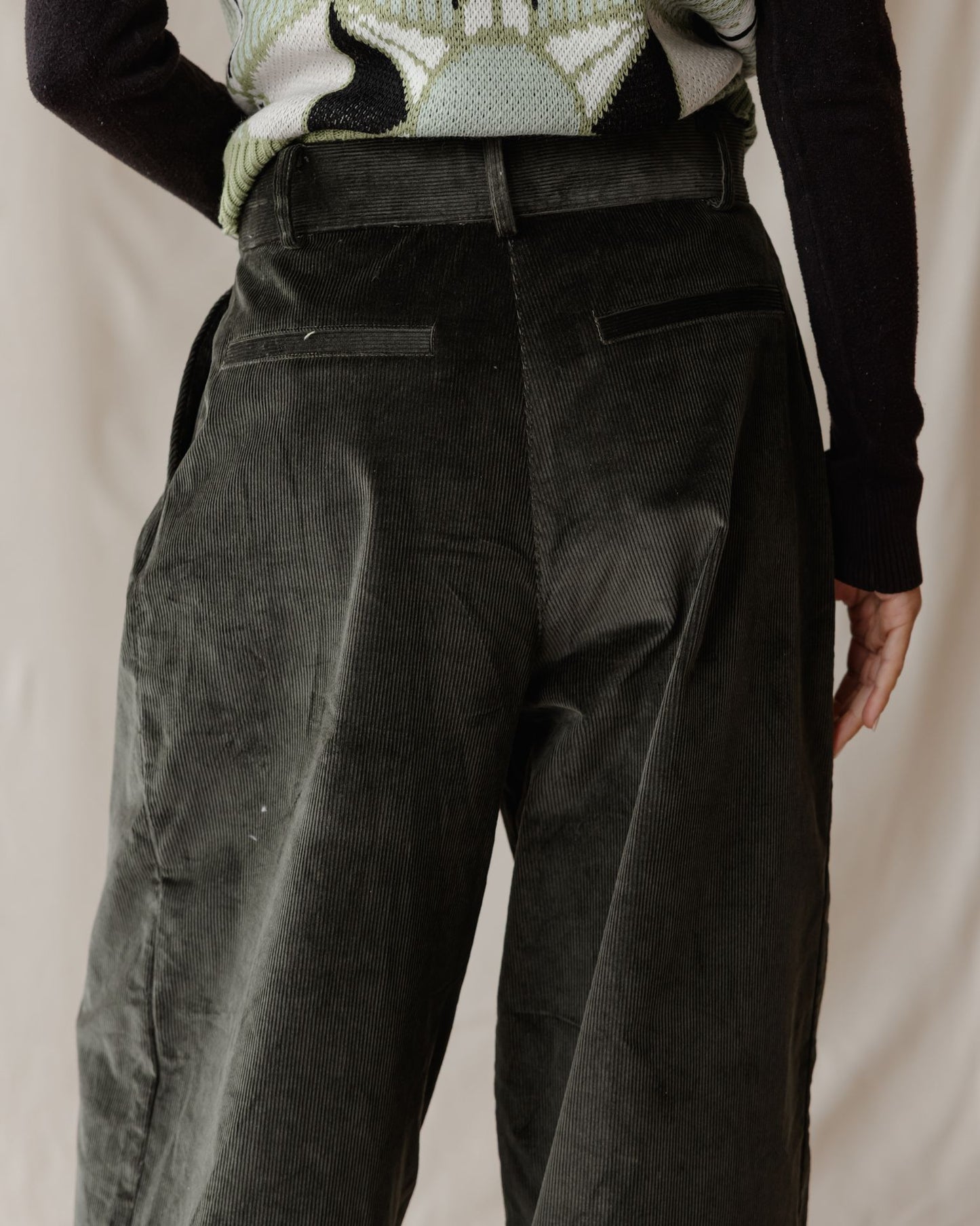 Pleated Cord Olive Pants