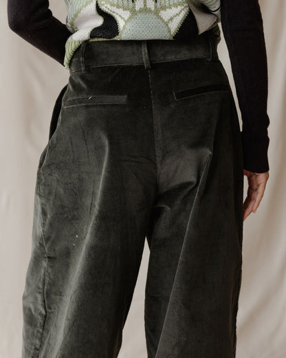 Pleated Cord Olive Pants