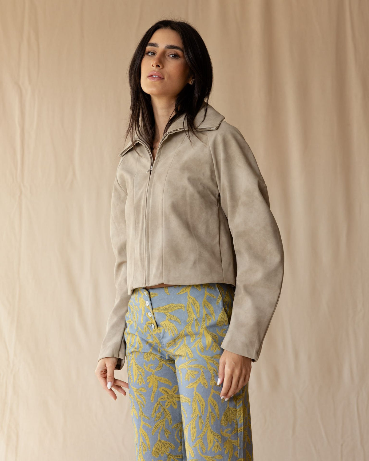 Beige Suede Zip-Up Jacket