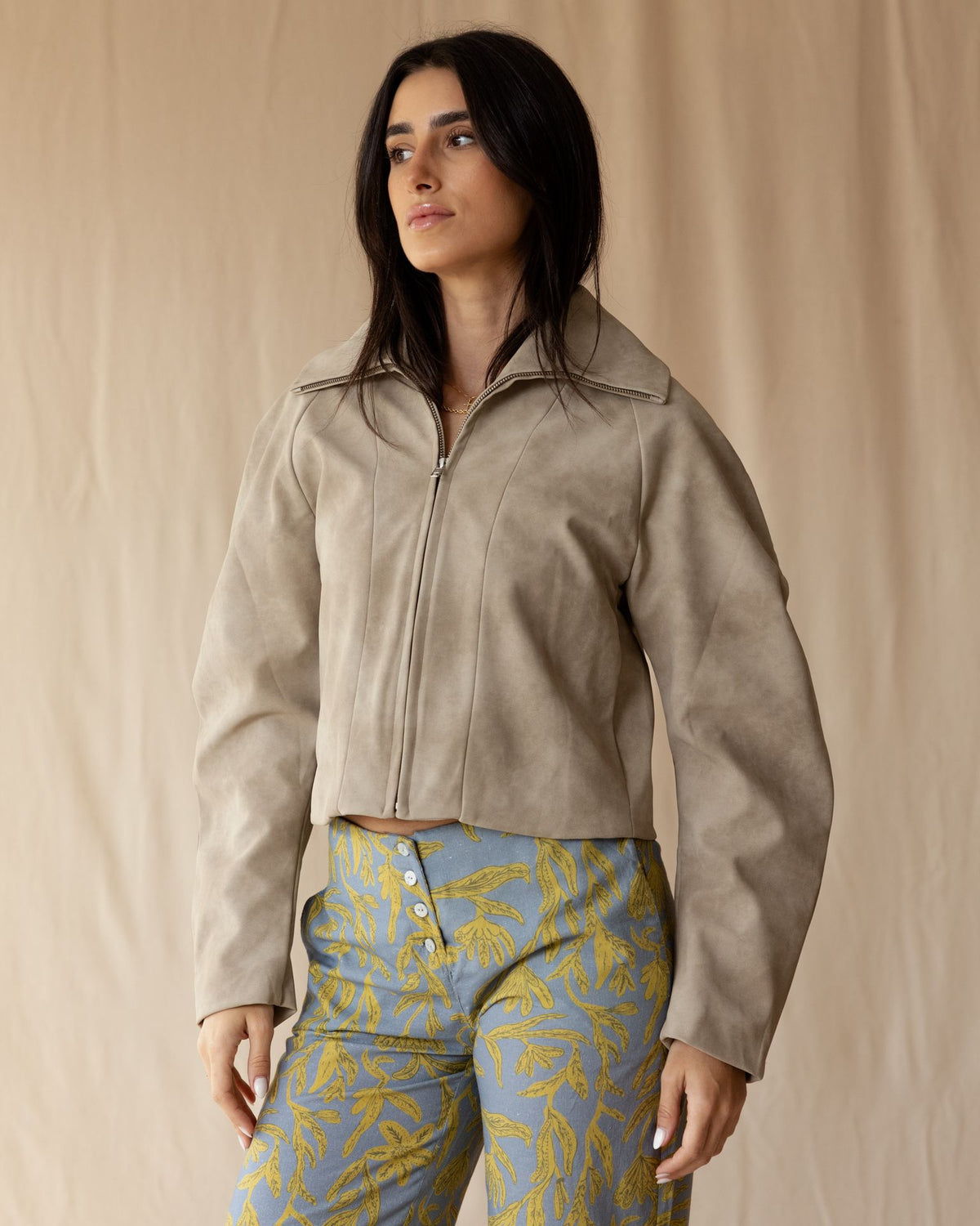 Beige Suede Zip-Up Jacket