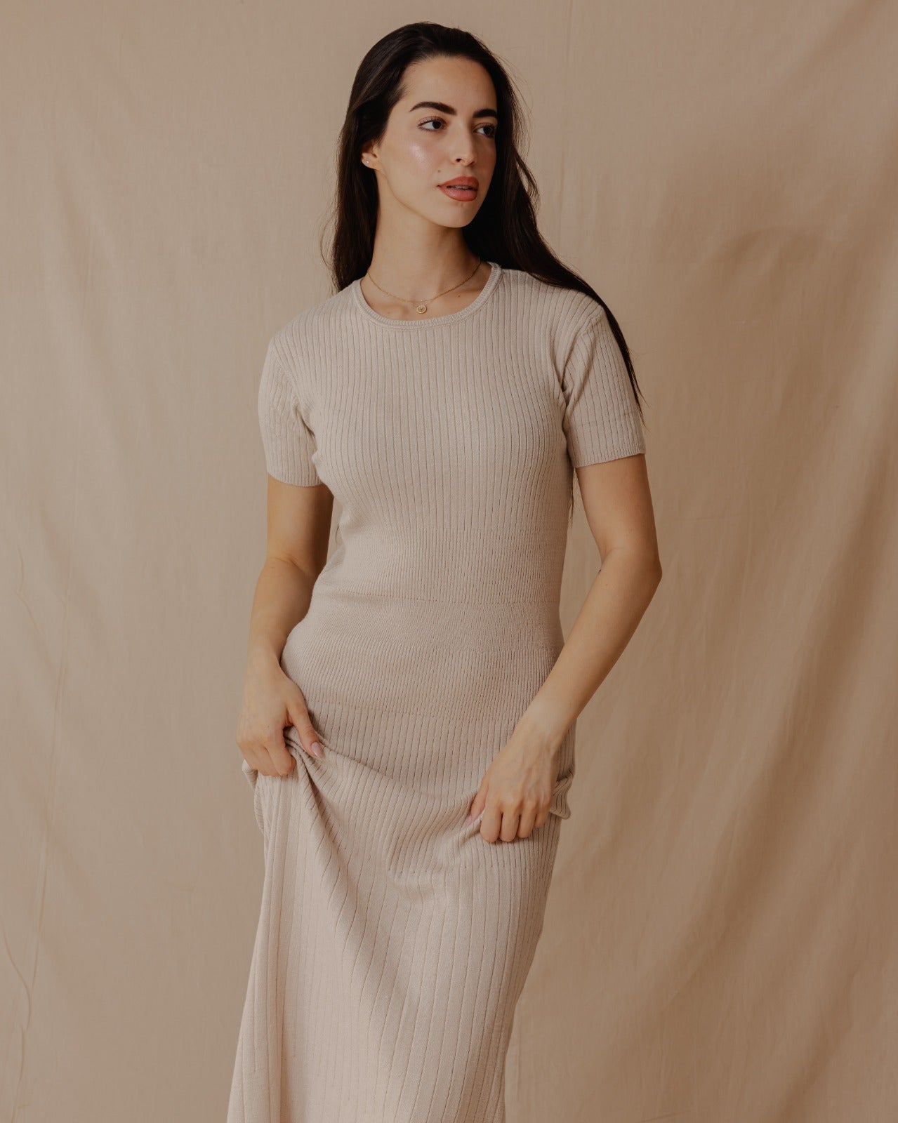 Short Sleeved Knit Dress Off-White