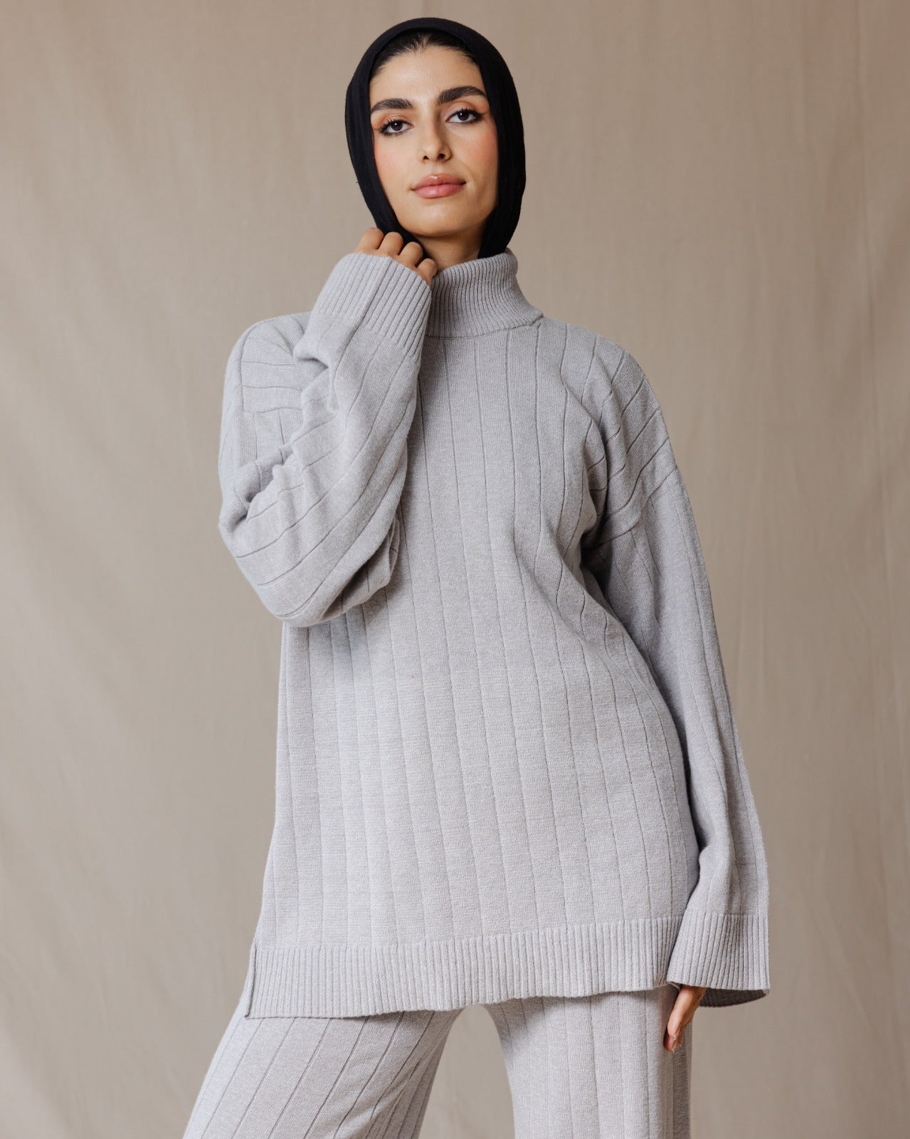 Turtleneck Knit Set Grey