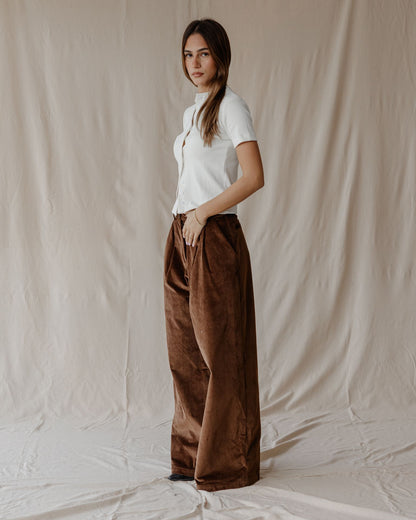 Pleated Cord Brown Pants