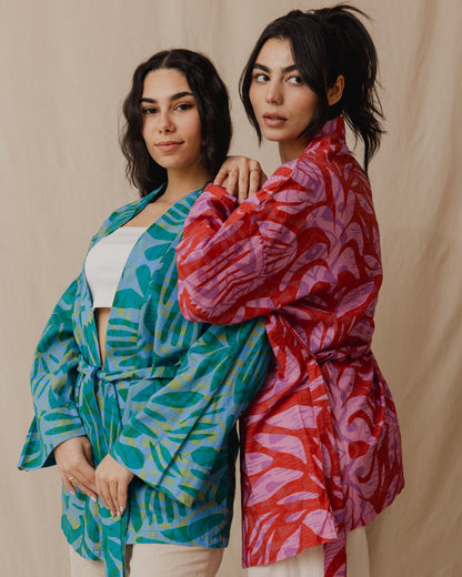 Palm Leaves Linen Kimono Burgundy X Purple