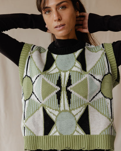 Green Retro Kaleido Knitted Vest