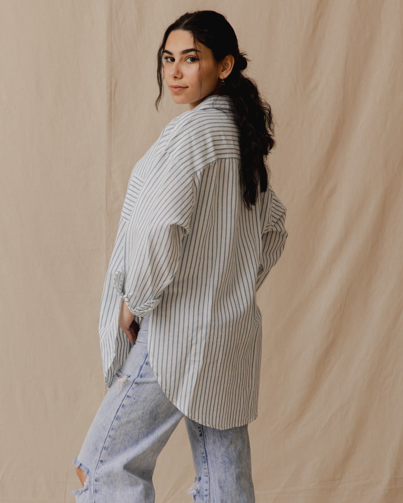 Linho Oversized Camisa Despojada Azul
