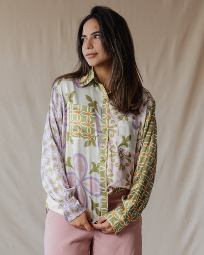 Floral Mosaic Patchwork Satin Shirt