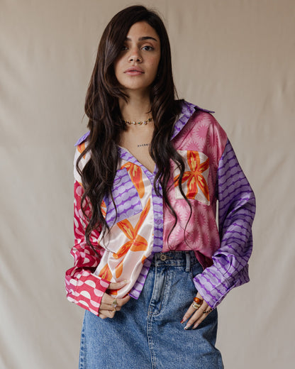 Whimsical Patchwork Satin Shirt In Pinks