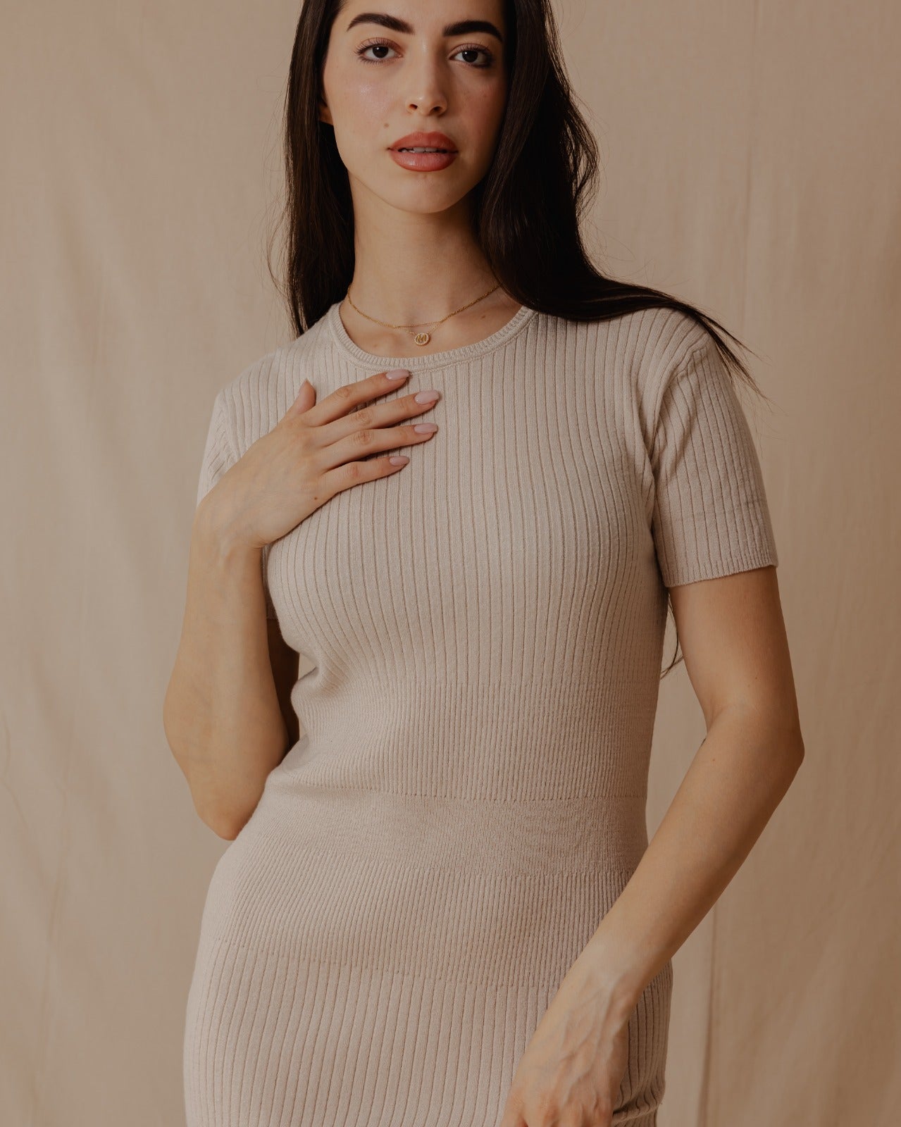 Short Sleeved Knit Dress Off-White