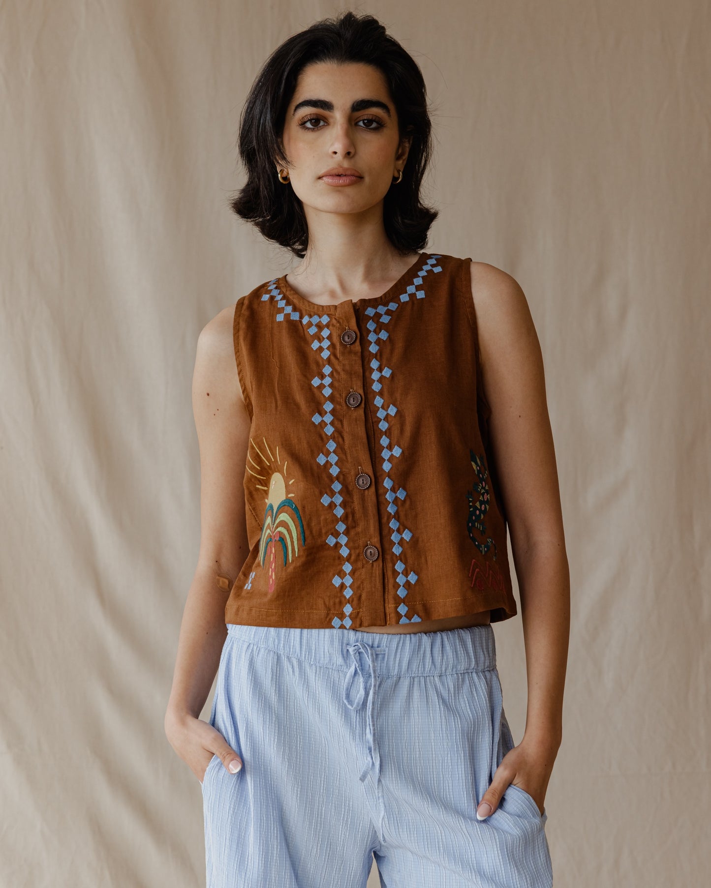 Gilet brodé Sunflare Gecko Camel