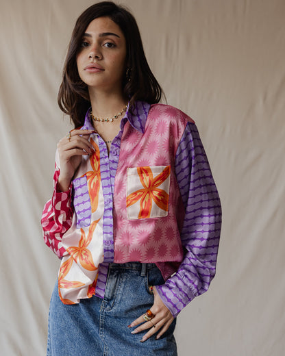 Whimsical Patchwork Satin Shirt In Pinks