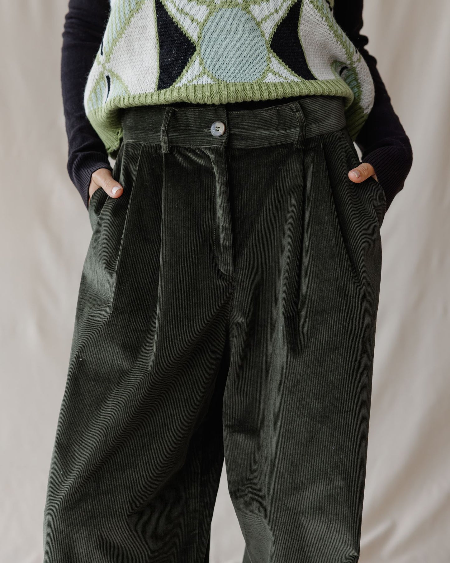 Pleated Cord Olive Pants