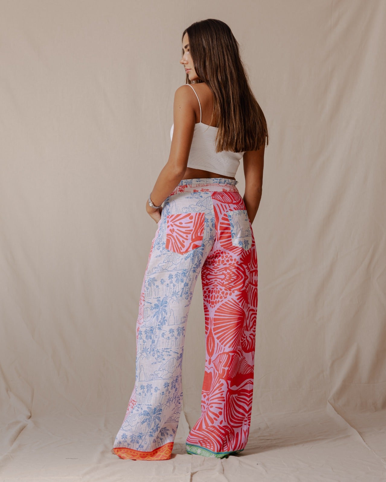 Pantalones de lino de patchwork multiprint