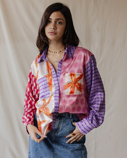 Whimsical Patchwork Satin Shirt In Pinks
